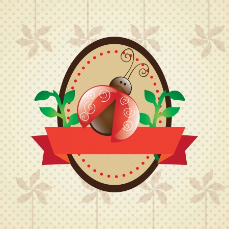 Spring label with ladybugs on the vintage floral backgroundのイラスト素材