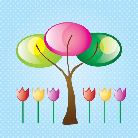 Spring tree with flowers. On blue background. Vector Illustrationのイラスト素材