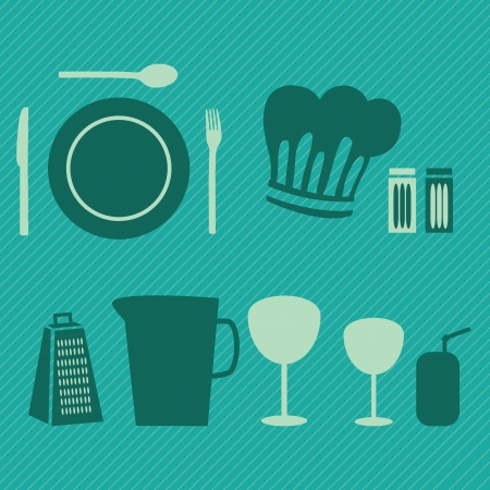 Different Kitchen Icons, on green background. Vector Illustrationのイラスト素材
