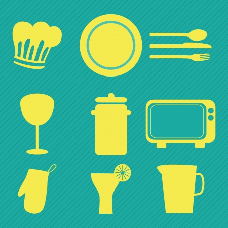 Yellow Kitchen Icons on green background. Vector illustrationのイラスト素材