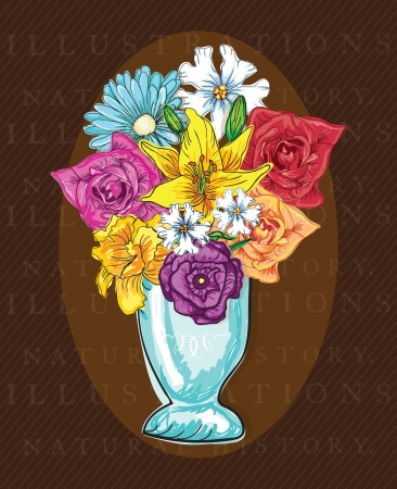 Decorative Vase, (Colorful Flowers) on vintage background. Vector Illustration のイラスト素材