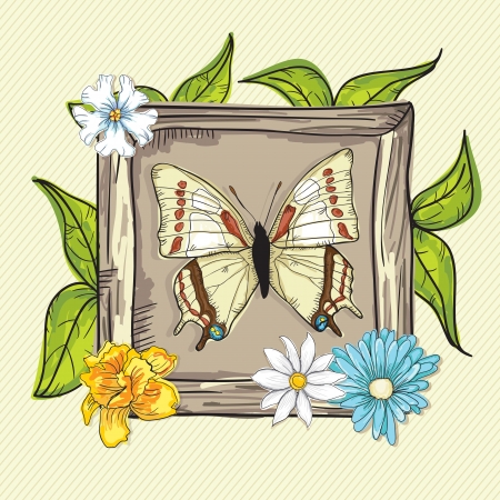 Beautiful Wooden Frame with Flowers and Butterfly. Vector Illustrationのイラスト素材