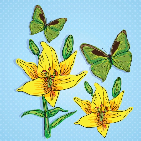 Two Green Butterflies, with yellow flowers, on vintage background.のイラスト素材