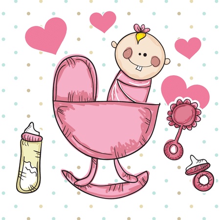 Family Icons (Baby girl with elements, crib, pacifier, battle). vector Illustrationのイラスト素材