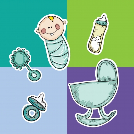 Family Icons (Baby Boy with elements, crib, pacifier, battle). vector Illustrationのイラスト素材