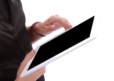 female holding the screen of a tablet computer over white background