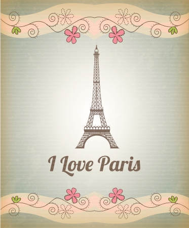 Tower Eiffel over vintage background with pink flower illustrationのイラスト素材