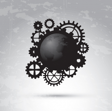 Gears icons and world over vintage background vector illustrationのイラスト素材
