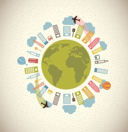 Planet earth with buildings and airplane vector illustrationのイラスト素材