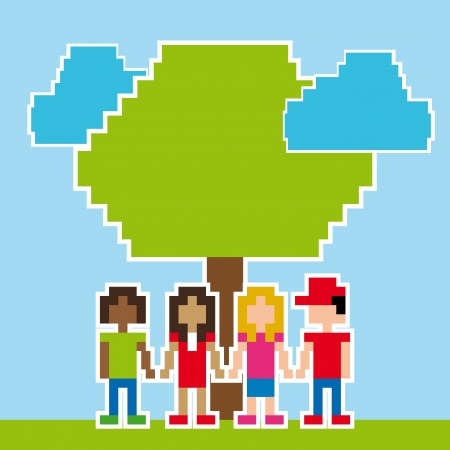 friends pixel design over sky background のイラスト素材