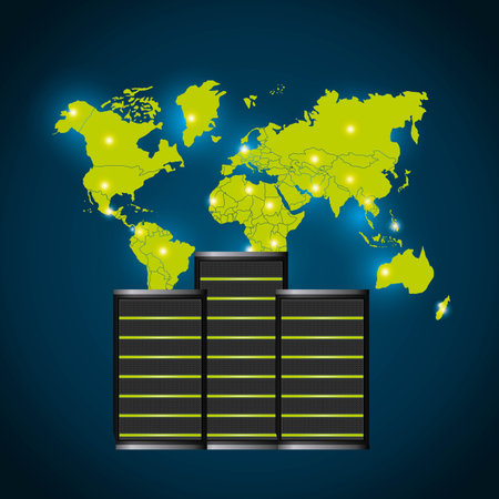 Technology and data base design represented by web hosting and map of earth icon. Colorfull illustration. Blue backgroundのイラスト素材