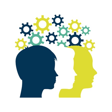 Blog and Internet concept represented by human head and gears design. Colorfull and Flat illustration.のイラスト素材