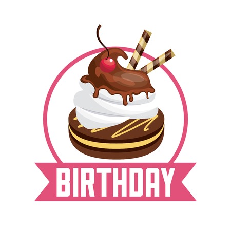 Happy birthday and dessert concept represented by pastry over seal stamp icon. Colorfull and flat illustration.のイラスト素材