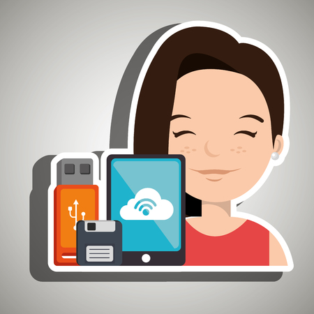 woman with smartphone and storage devices  isolated icon design, vector illustration  graphicのイラスト素材
