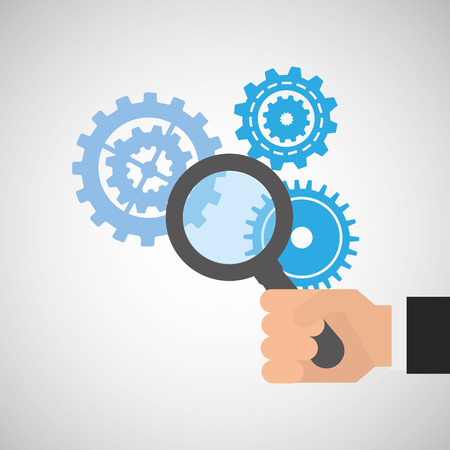 magnifying glass with gear, teamwork cooperation icon, vector illustrationのイラスト素材