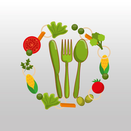 fork and knife, vegetables and fruits, vector illustrationのイラスト素材