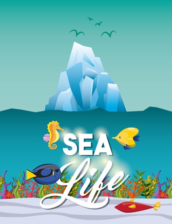Sea life concept represented by iceberg sea horse and tropical fish icon. Colorfull illustration.のイラスト素材