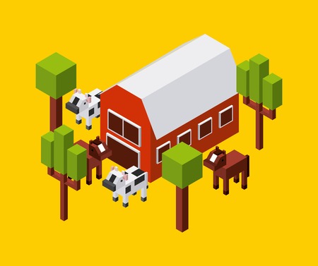 Isometric concept represented by farm cow trees horse icon. Colorfull and geometric illustration.のイラスト素材