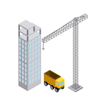 Isometric concept represented by crane building truck icon. Colorfull and geometric illustration.のイラスト素材