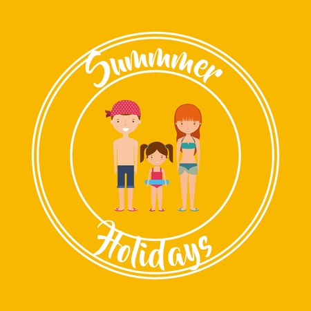 Summer and vacation concept represented by family cartoon inside seal stamp icon. Colorfull and flat illustration.のイラスト素材