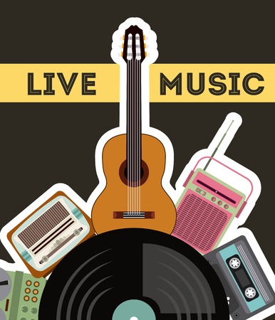 Retro and Music concept represented by cassette vinyl guitar radio gramaphone icon. Colorfull and vintage illustration.のイラスト素材