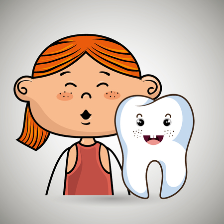 smiling cartoon girl and tooth over a white background,dental careのイラスト素材