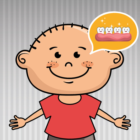 smiling cartoon boy wearing coloured clothes with a cloud above and teeth over a grey and white background vector illustrationのイラスト素材