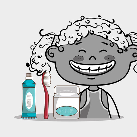 happy smiling cartoon girl wiht dental care implements over a white background vector illustrationのイラスト素材