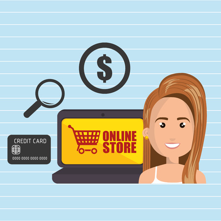 cartoon woman next to a laptop with an online store message, credit card,len and money symbol over a blue background vector illustrationのイラスト素材