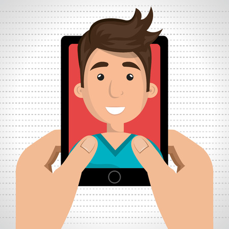 cartoon hands holding an smartphone with a cartoon man inside the screen wearing coloured clothes over a white background vector illustrationのイラスト素材
