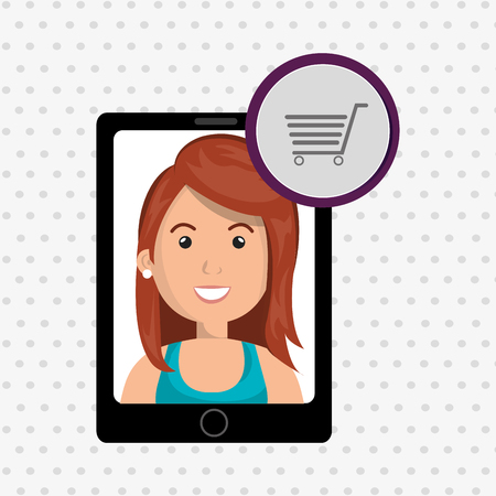 black smartphone with a cartoon woman in the screen wearing a blue shirt and a shopping cart above in a purple circle over a white background vector illustrationのイラスト素材