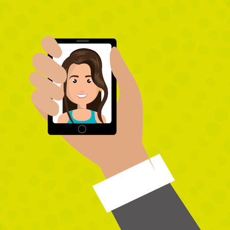 cartoon business man hand holding a black smartphone over a green background with a cartoon business woman in the screen over a green background vector illustrationのイラスト素材