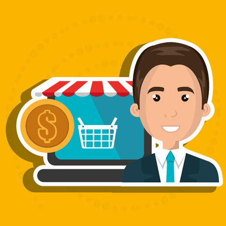 cartoon business man next to a laptop with a online store message and a red and white tent and a big gold coin over a blue background vector illustrationのイラスト素材