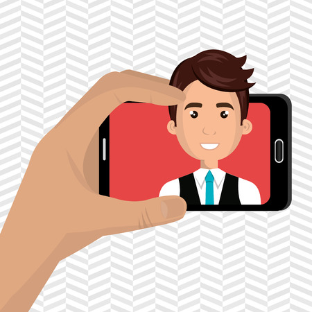 human hand holding a smartphone with a cartoon man on the screen over pattern background vector illustrationのイラスト素材