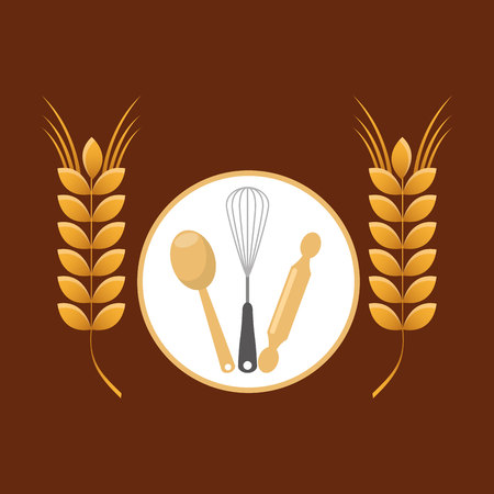 rolling pin, whisk and ladle ,fresh bakery products, vector illustrationのイラスト素材