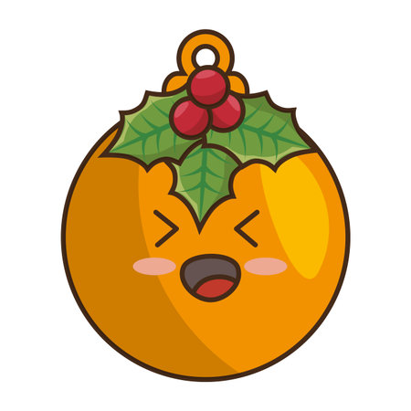 christmas ball  cartoon happy face smiling and holy ribbon decoration. vector illustrationのイラスト素材