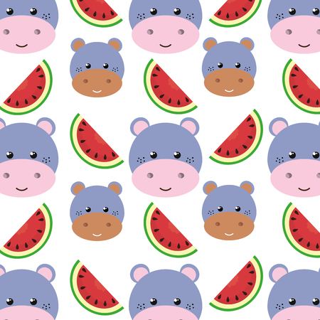 purple hippopotamus animal character cute cartoon and watermelon background. vector illustrationのイラスト素材