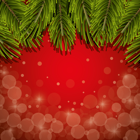 green pine leaves frame decorationwith blurred lights and red background. christmas wallpaper. vector illustrationのイラスト素材