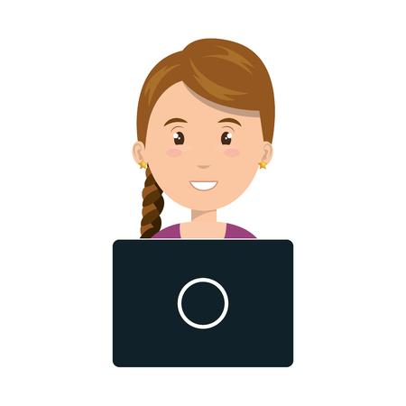 avatar young woman smiling cartoon working with laptop. vector illustrationのイラスト素材
