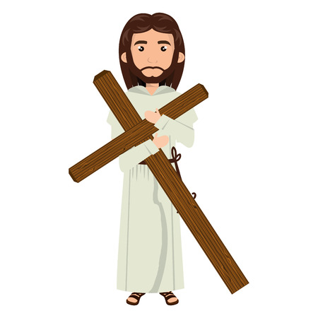 jesus christ man with cross wooden cartoon. catholic religion. vector illustrationのイラスト素材
