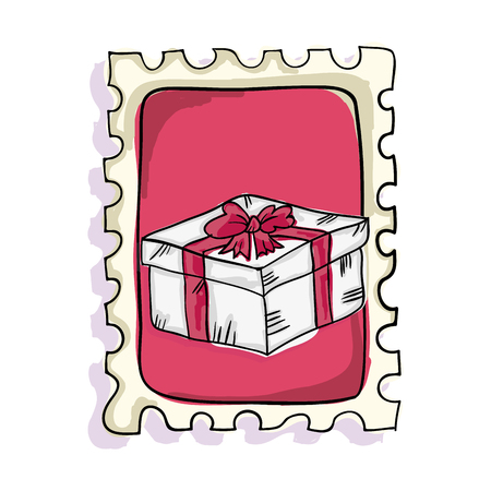gift box present with pink bow ribbon postage stamp. vector illustrationのイラスト素材