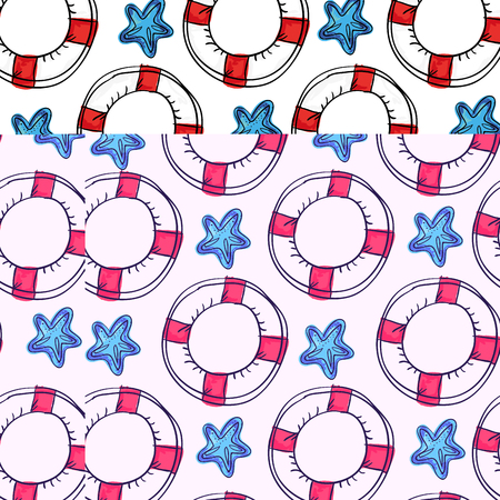 nautical white lifebuoy float with red and blue sea stars. drawn design background. vector illustrationのイラスト素材