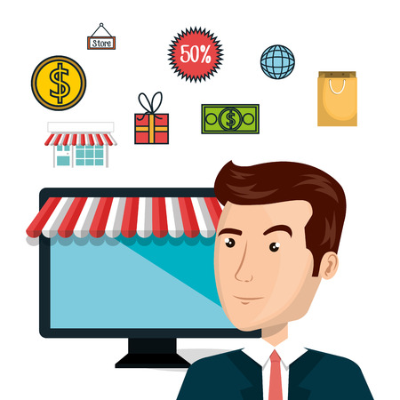 cartoon man store e-commerce isolated design, vector illustration  graphicのイラスト素材