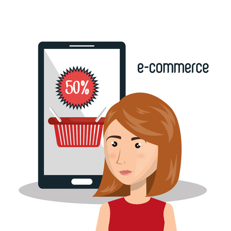 cartoon woman smartphone e-commerce isolated design, vector illustration  graphicのイラスト素材