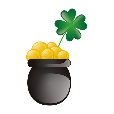lucky green clover plant and pot with gold coins. irish symbol. vector illustrationのイラスト素材