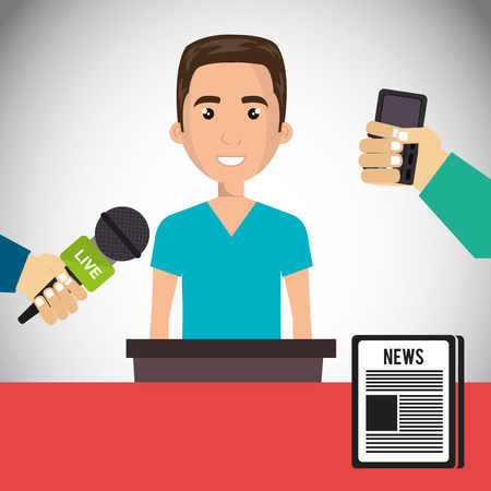 avatar man smiling wearing blue shirt and journalists hands with news microphones and newspaper icon. vector illustrationのイラスト素材