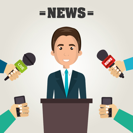 avatar executive man smiling wearing tie and journalists hands with news microphone. vector illustrationのイラスト素材