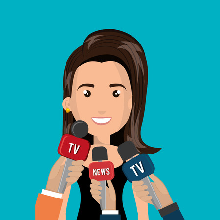 avatar woman smiling and hands journalist of news and tv microphones. vector illustrationのイラスト素材