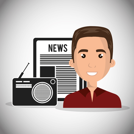 avatar man smiling with retro radio and newspaper. vector illustrationのイラスト素材