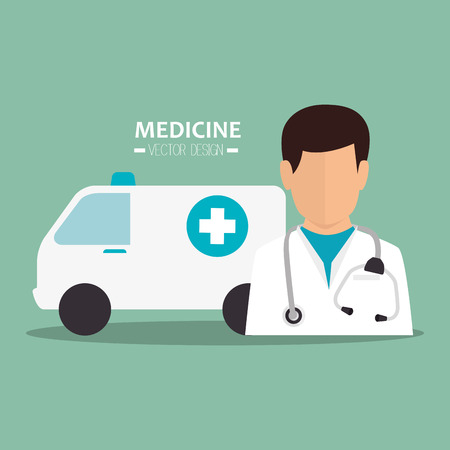avatar man medical assistance with emergency ambulance vehicle. medicine symbols. colorful design vector illustrationのイラスト素材